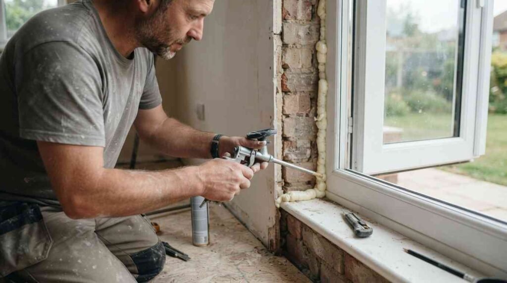Applying low-expansion foam insulation around a French window frame