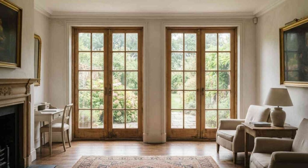 classic French window design with divided panes and wood frames