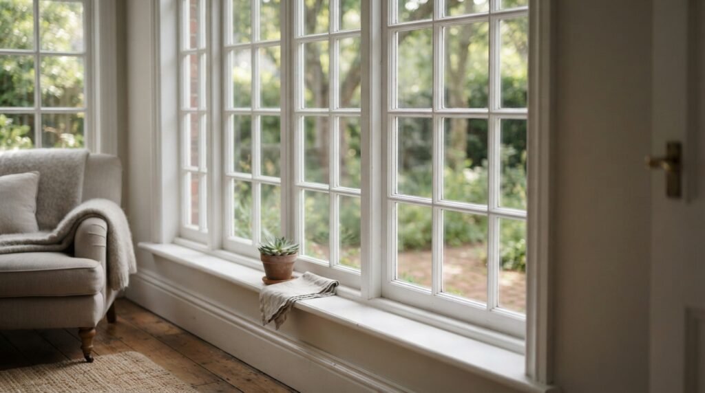 Clean French window with clear glass and dry window frames
