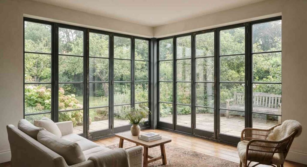 corner French window design with wide garden views
