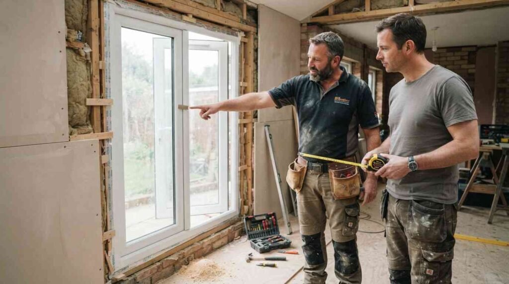 DIY homeowner and professional discussing French window installation