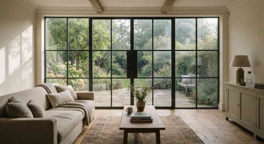 floor-to-ceiling French windows opening to a garden