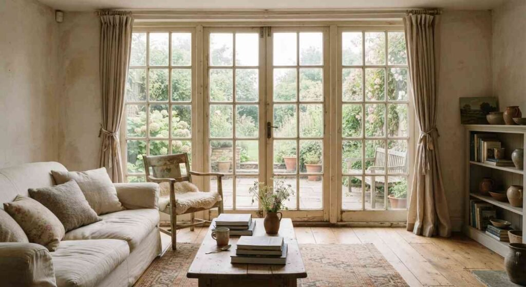 French country style windows with wooden frames