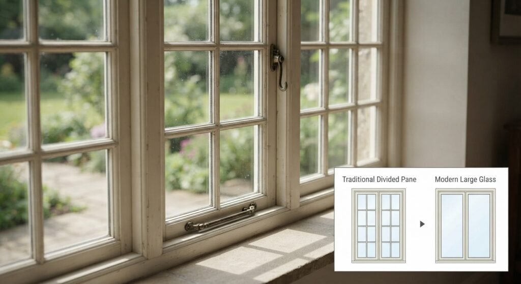 French pane windows with divided glass and glazing bars