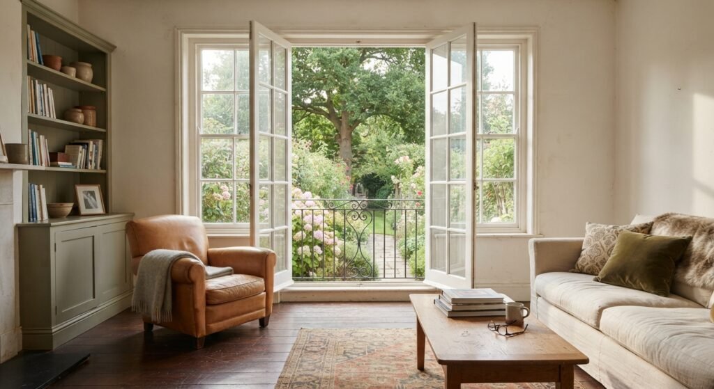 French windows in a living room overlooking a garden