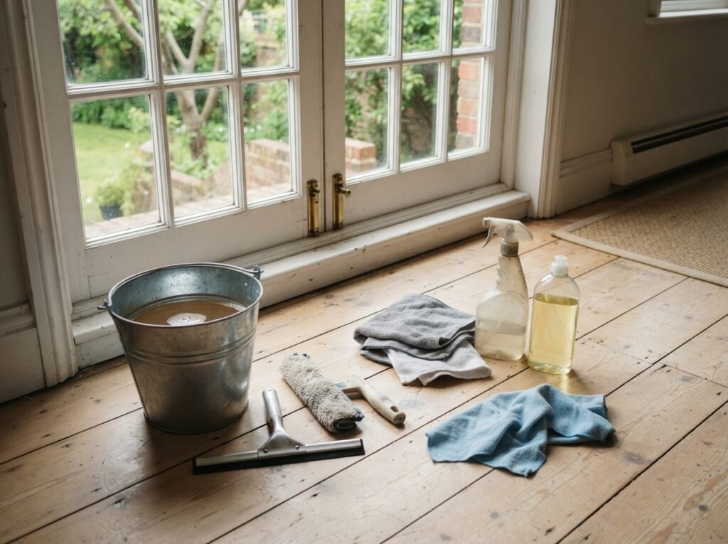 Cleaning supplies for French window cleaning with a small squeegee and microfiber cloth