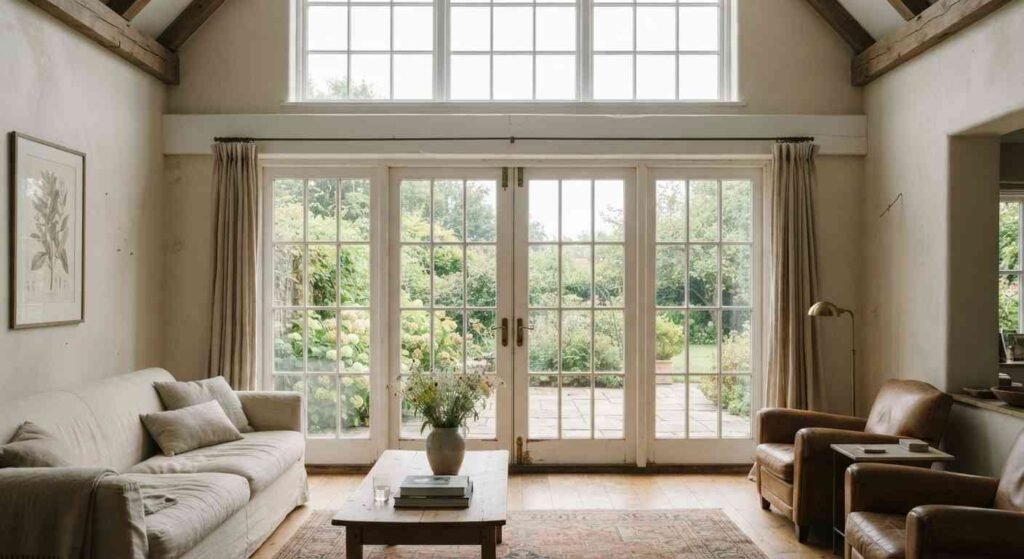 French windows with a transom window above