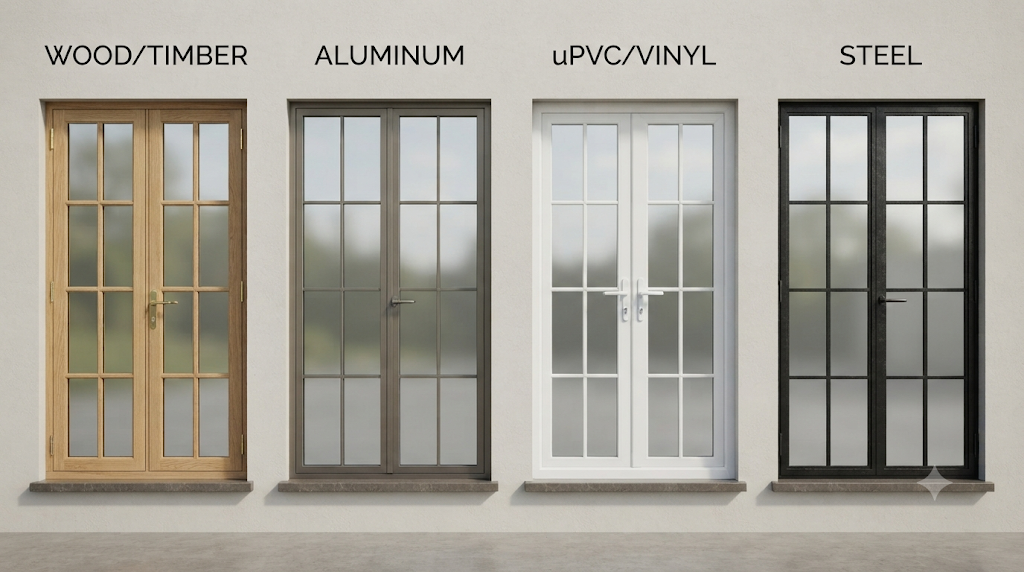 Four French window frame materials compared — Wood/Timber, Aluminum, uPVC/Vinyl, and Steel
