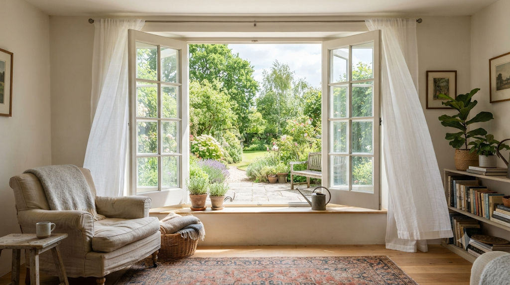 French windows open wide with curtains flowing, showing natural light and ventilation benefits