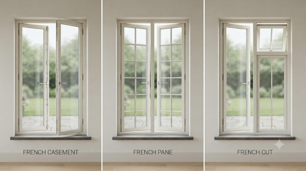 Three types of French windows side by side — French Casement, French Pane, and French Cut