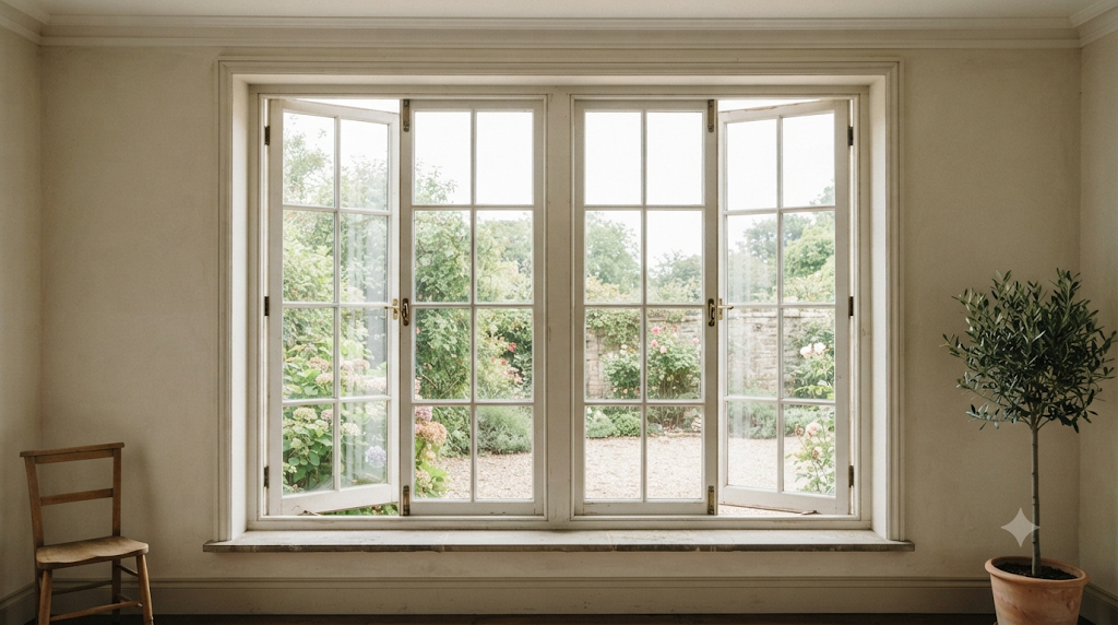 Traditional French windows with white frames and garden view