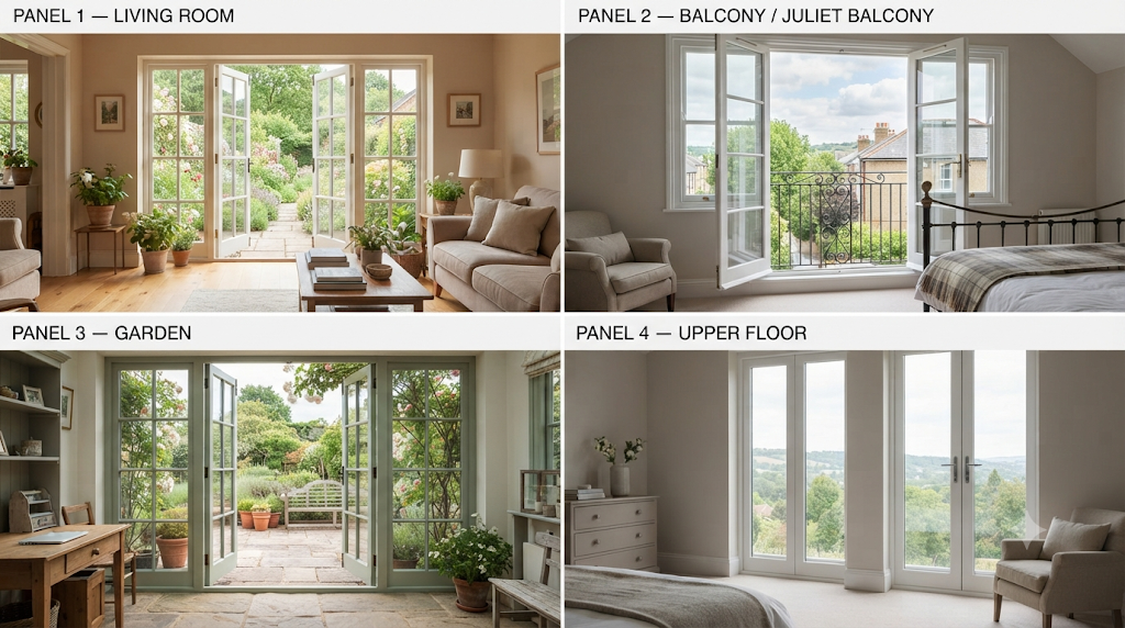 Four panels showing French windows in different locations — Living Room, Balcony/Juliet Balcony, Garden, and Upper Floor