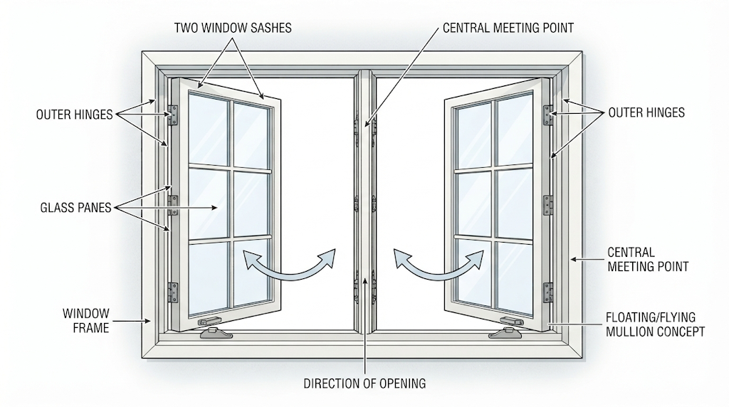 French window anatomy diagram showing two window sashes, central meeting point, outer hinges, glass panes, window frame, and floating mullion concept