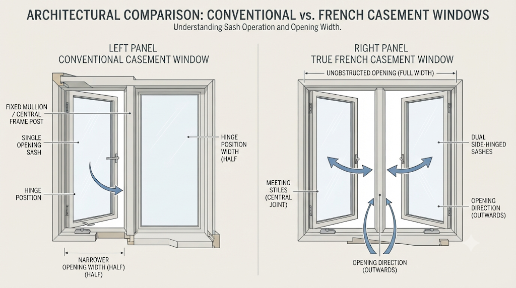 Architectural comparison: Conventional casement window vs True French casement window showing sash operation and opening width differences