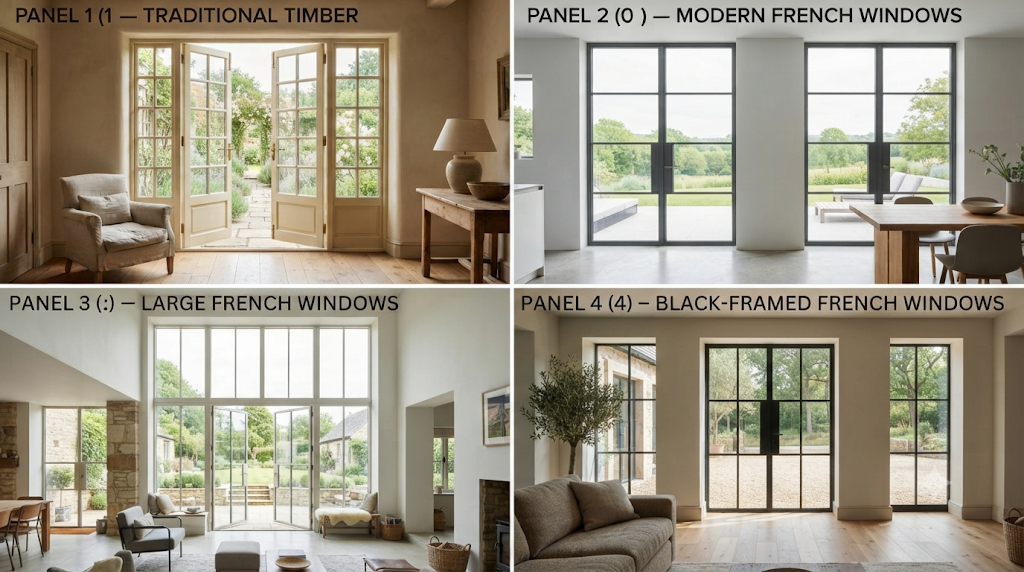 Four design styles — Traditional Timber, Modern French Windows, Large French Windows, and Black-Framed French Windows