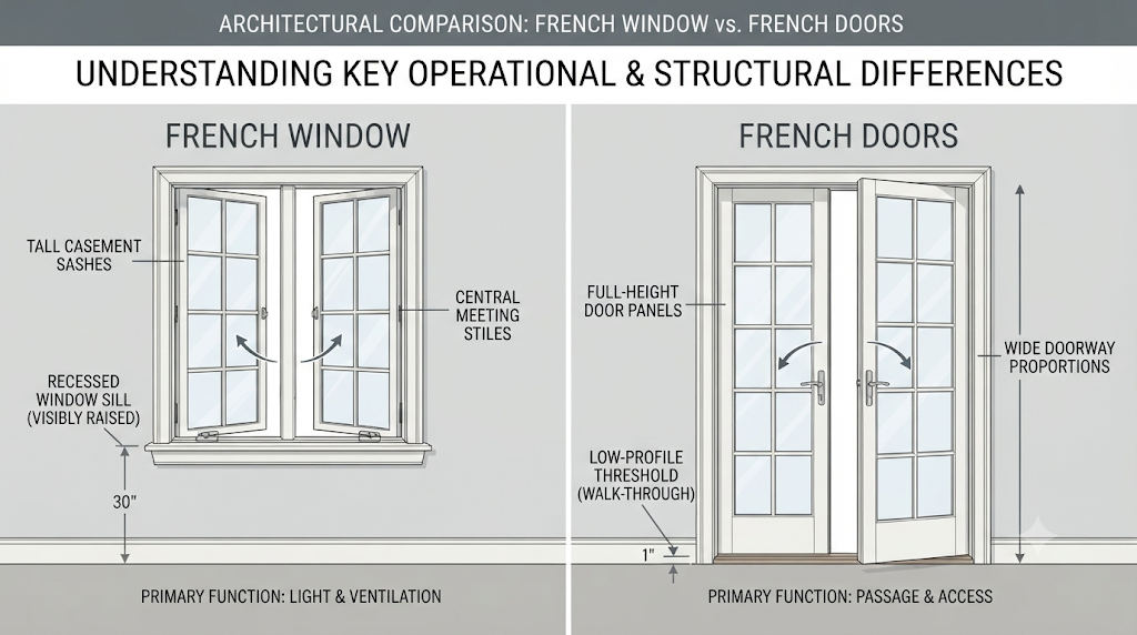 Architectural comparison showing key operational and structural differences between French Windows and French Doors