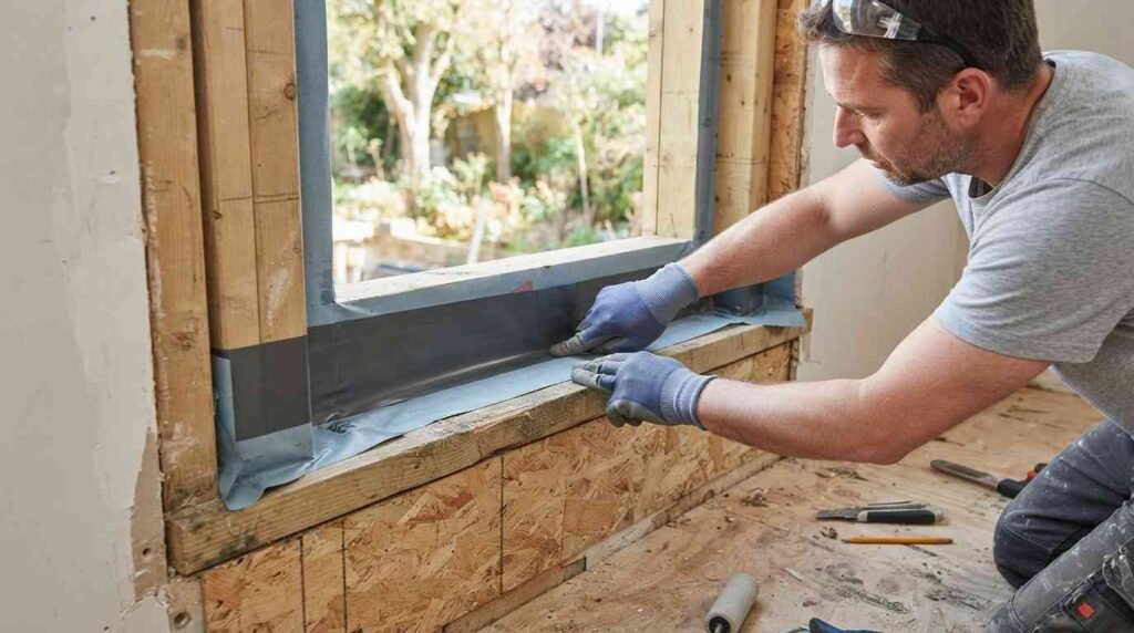 Applying flashing tape and waterproof membrane to a French window sill