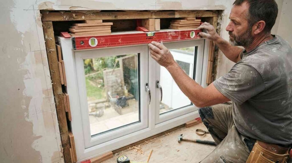 Checking a French window frame with a spirit level and shims