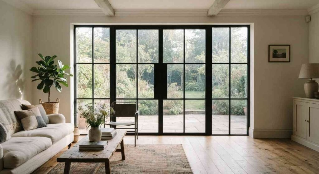 modern black French windows with slim frames