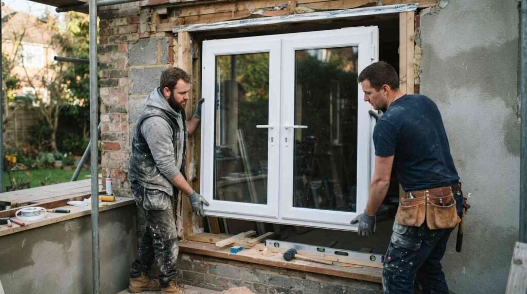 Two installers placing a French window frame into a prepared wall opening