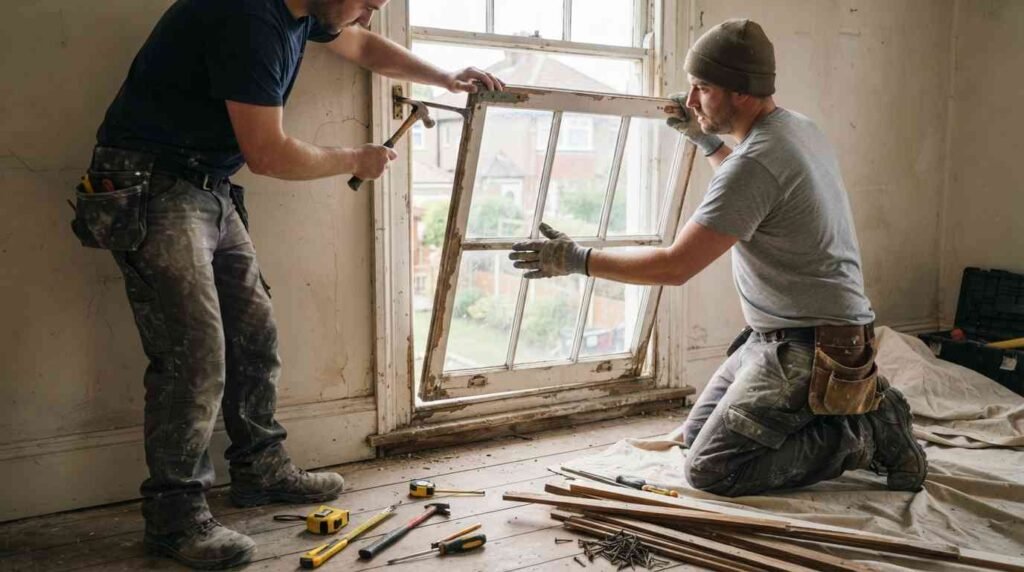 Carefully removing an old window before installing replacement French windows