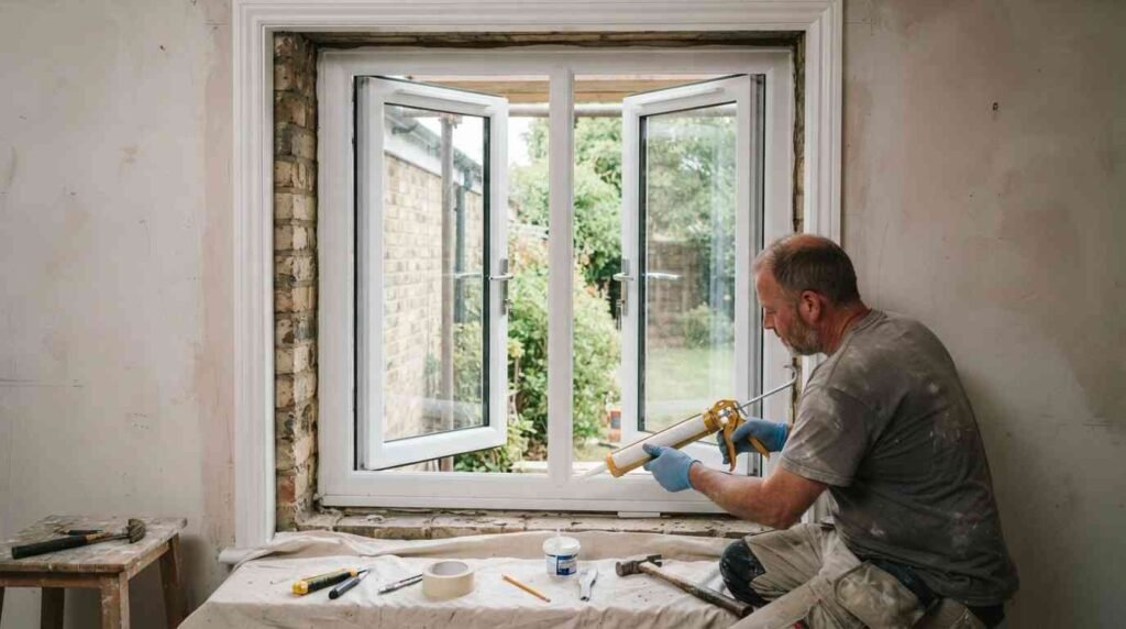 Applying exterior sealant around newly installed French windows before final testing
