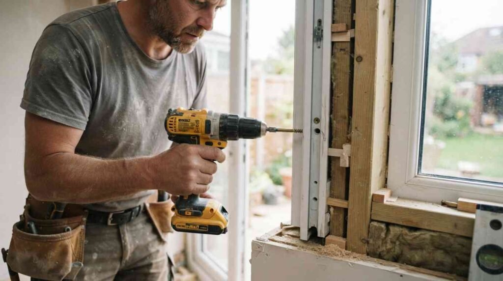 Securing a French window frame with fixing screws using a drill