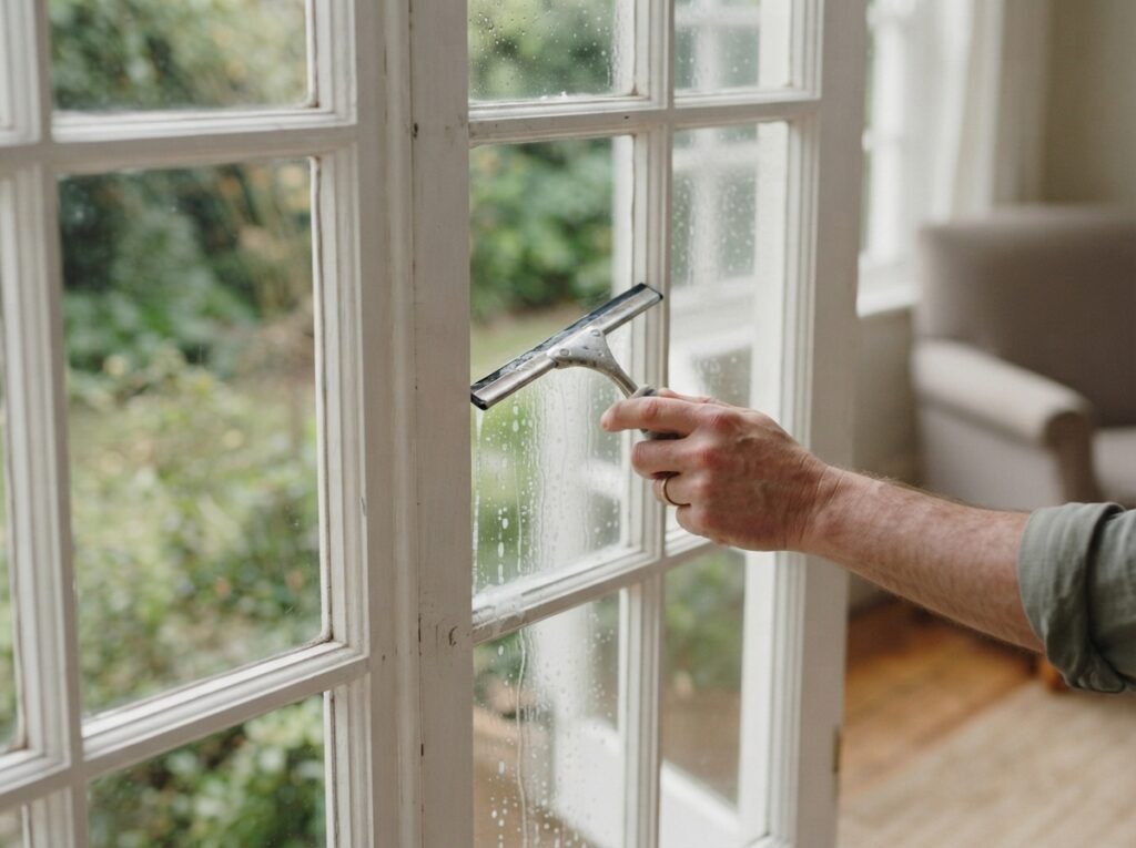 Small squeegee cleaning a narrow French window pane