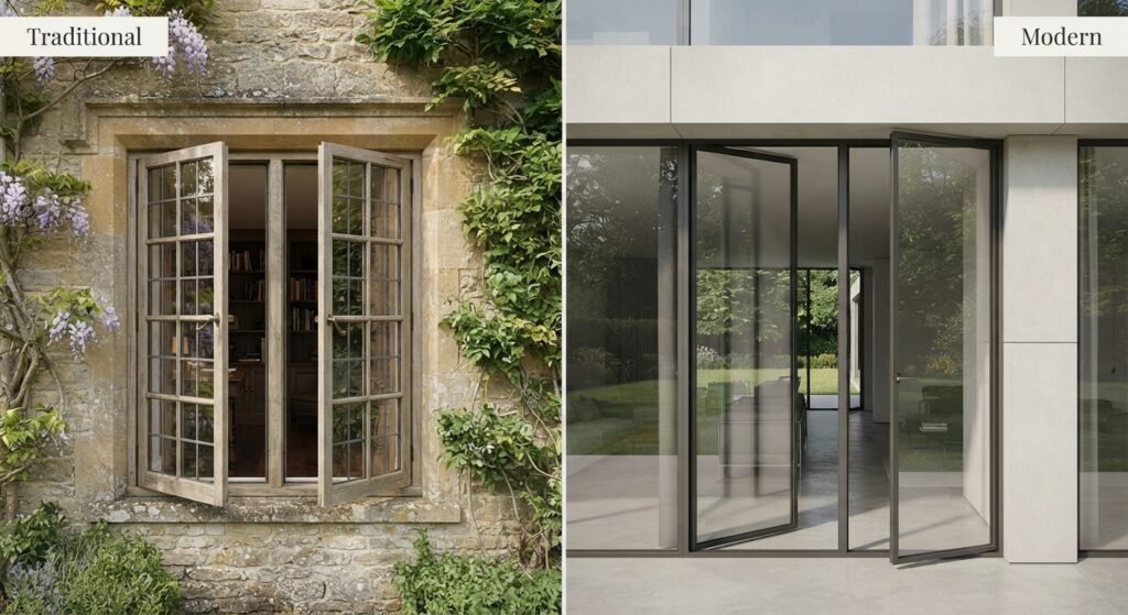 Traditional and modern French windows compared in different homes