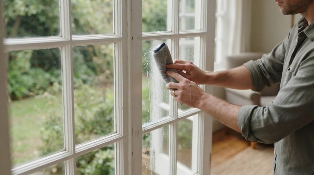 Person washing individual French window glass panes from top to bottom