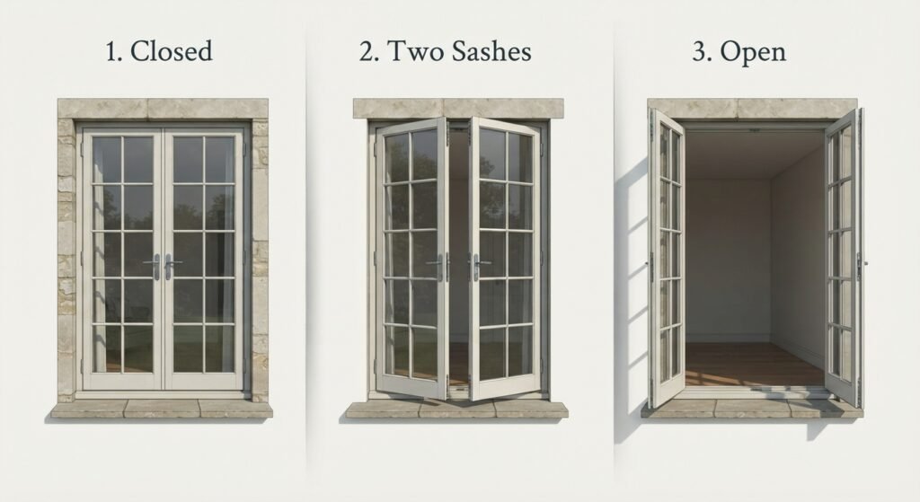 French windows showing two tall sashes from closed to open