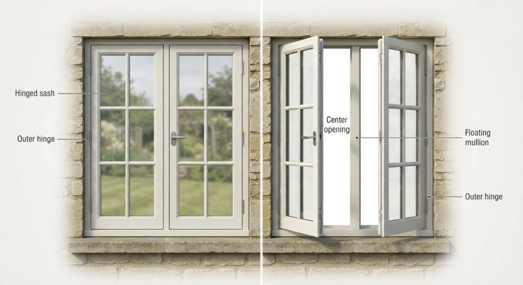 French casement window showing paired sashes and floating mullion