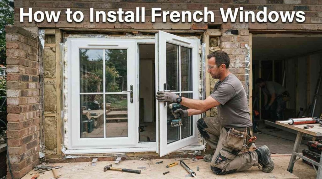 Professional installing French windows in a prepared wall opening